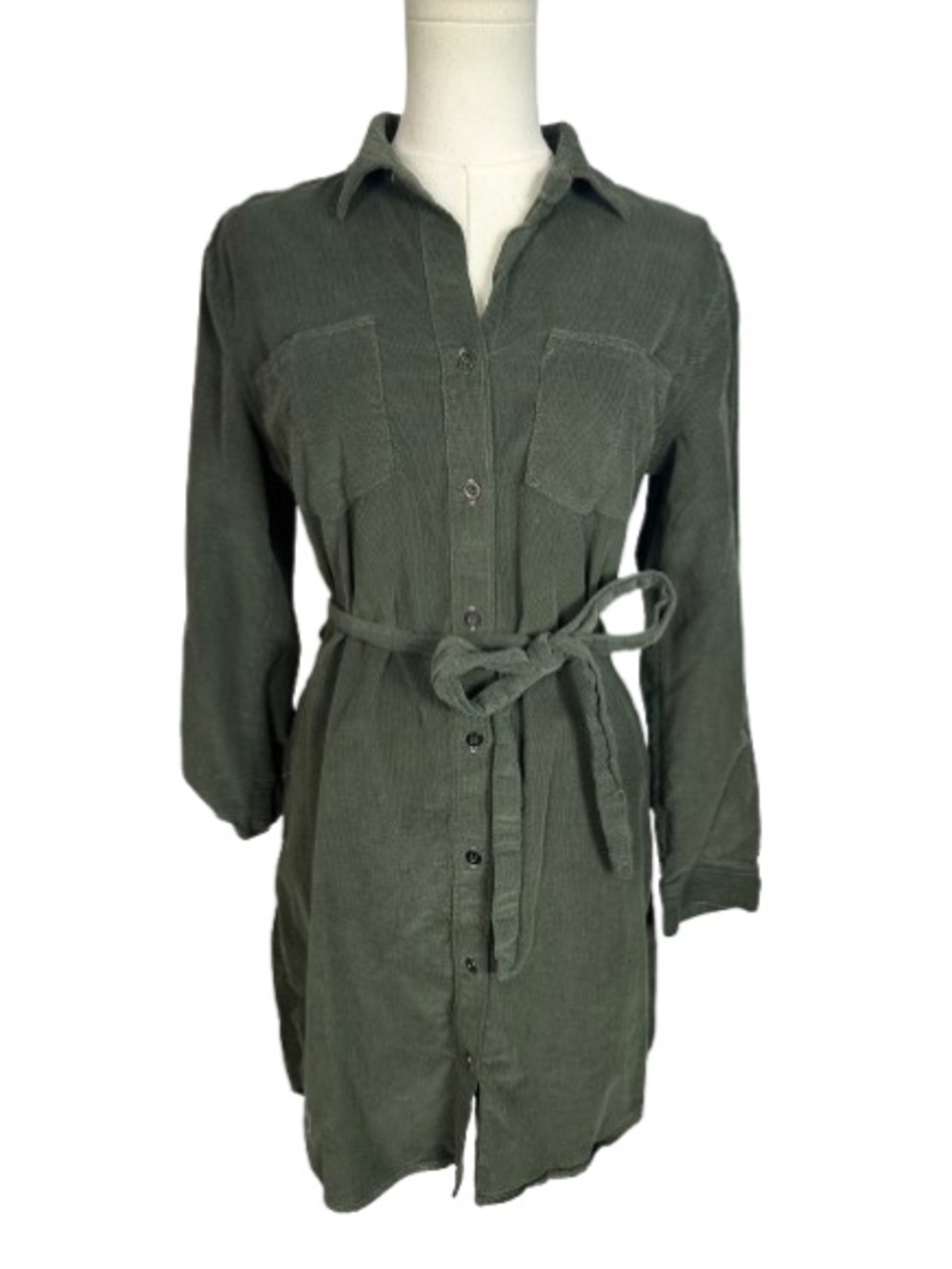 Lucky Brand Olive Green Corduroy Button-Front Shirt Dress with Belt